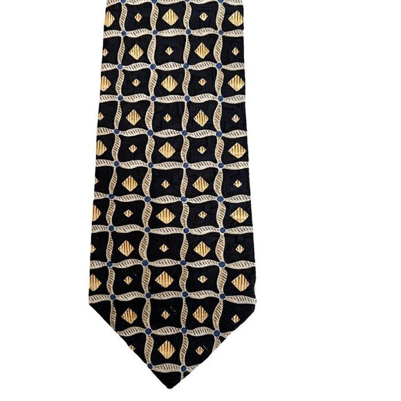 Vintage Claiborne Silk Tie Modern Geometric Pattern Black Gold Blue - Picture 1 of 2